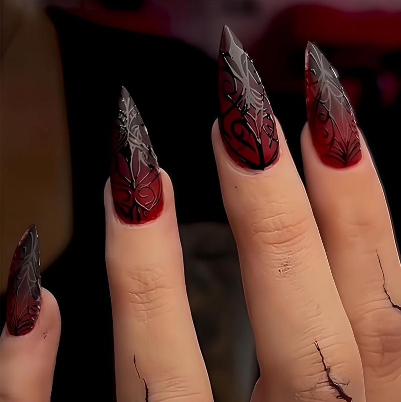 SEENEEY Long Almond Press on Nails Halloween Dark Red Artificial Fake Nails with Black Spider Web Designs Stick on Nail for Women 24pcs - Image 1